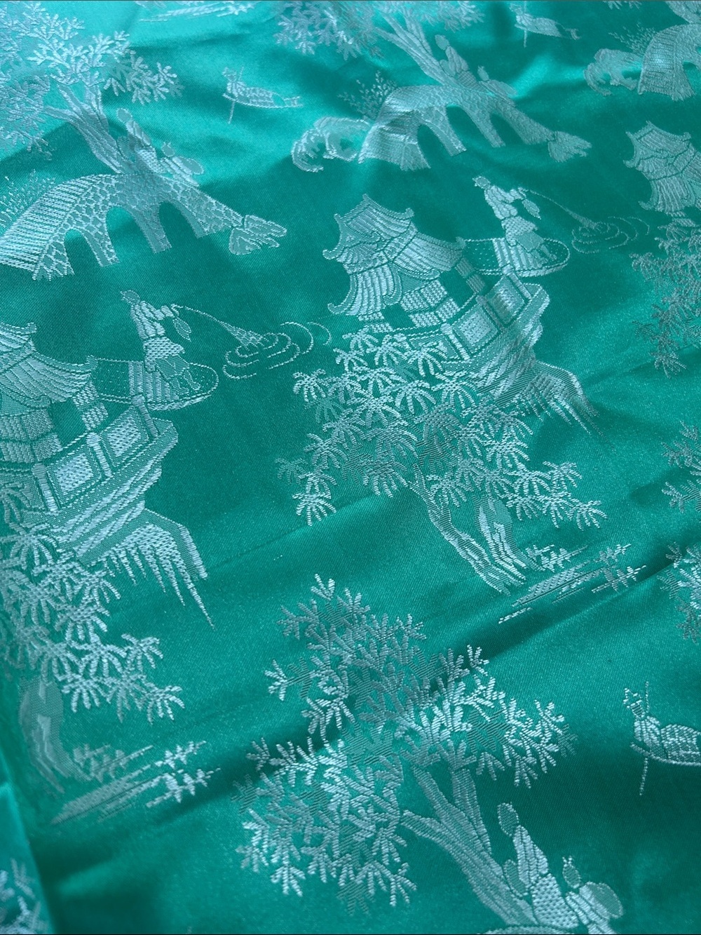 Antique Turquoise Asian-Inspired Jacquard ticking Fabric vintage